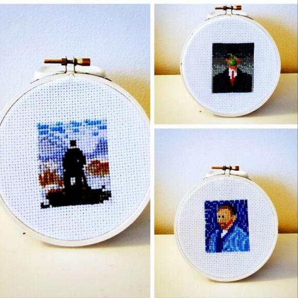 Set of 3 - Cross Stitch - Famous Paintings with Men - 3" Diameter - Picture 1 of 4